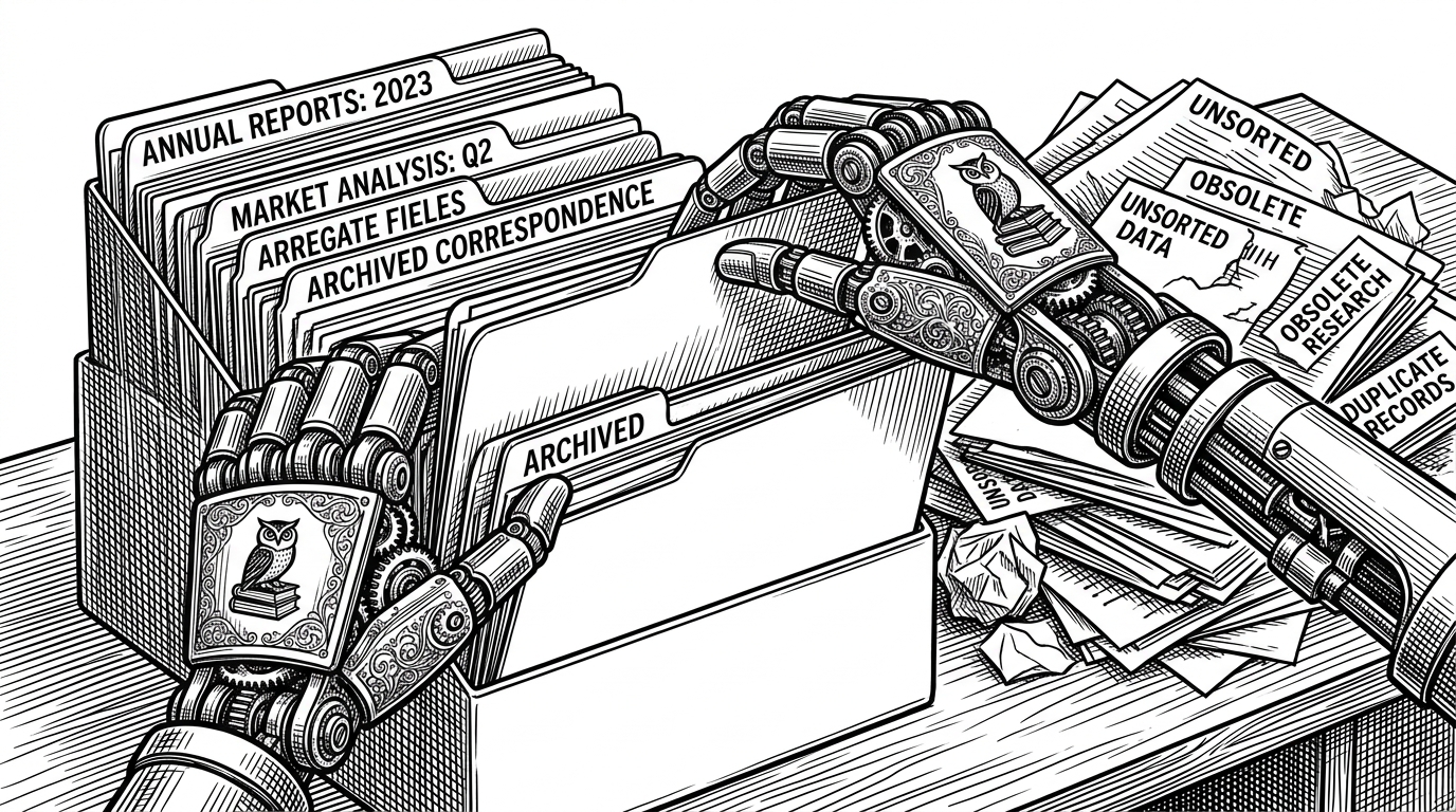 A close-up of a mechanical librarian inserting perfectly sequential folders into a glowing rack, leaving a chaotic pile of rejected files behind.