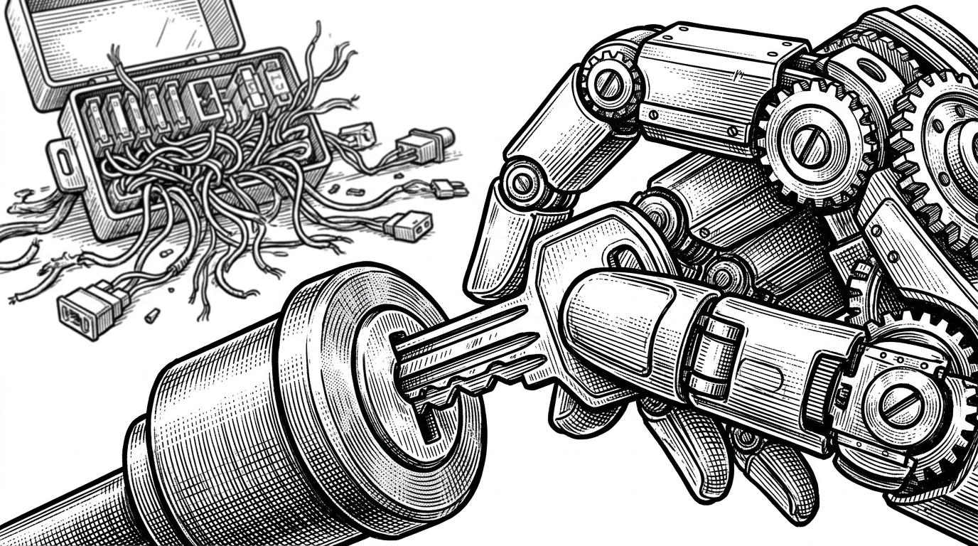 A close-up illustration of a mechanical hand inserting a key into a solid ignition cylinder, bypassing a tangled fuse box in the background.