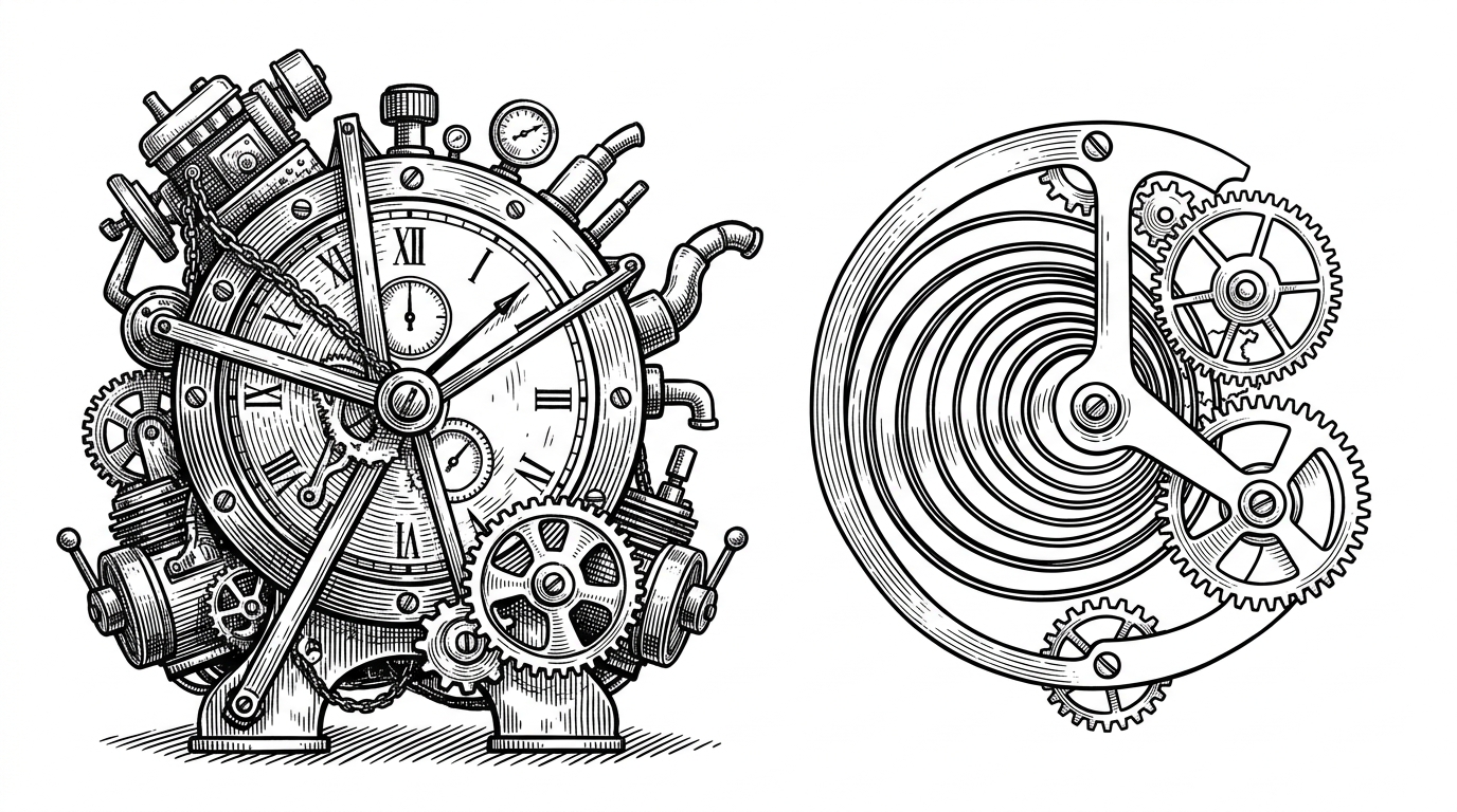 A split illustration contrasting a bloated, multi-engine machine with a sleek, single-spring clockwork mechanism. This represents the architectural choice between relying on multiple external message brokers versus a single integrated database.