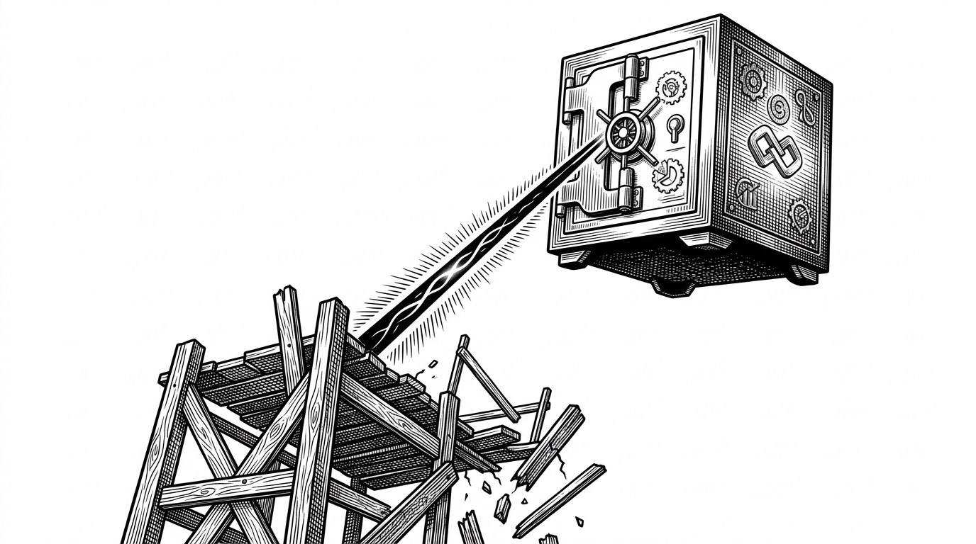 A heavy iron vault suspended by a glowing tether over crumbling wooden scaffolding. It represents the secure remote state surviving local hardware failure.