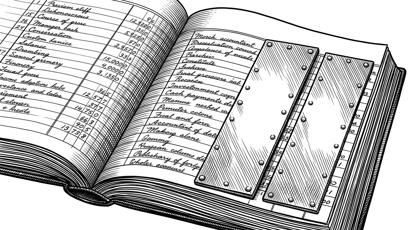 A vintage accountant's ledger book with specific columns covered by riveted metal plates, representing field-level database encryption.
