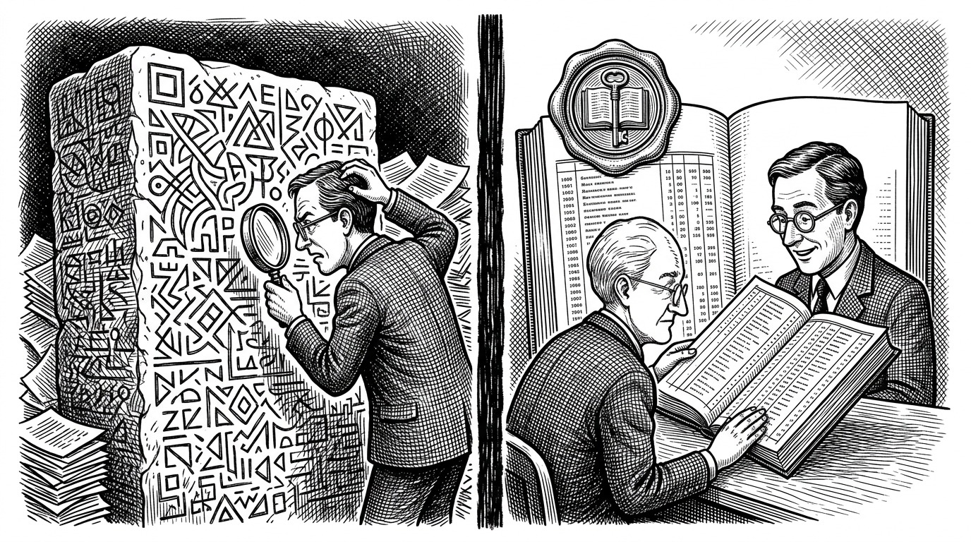 A split illustration showing a frustrated archivist looking at an opaque stone block on the left, and happily reading a clear paper ledger with a wax seal on the right.