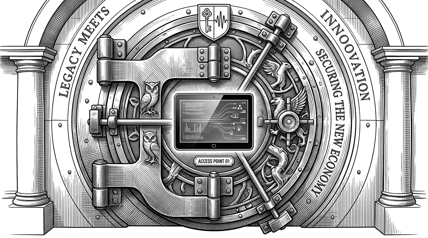 A wide shot of a heavy iron bank vault door with a sleek modern glass touchpad embedded in the center, illustrating the contrast between legacy backend and modern frontend.