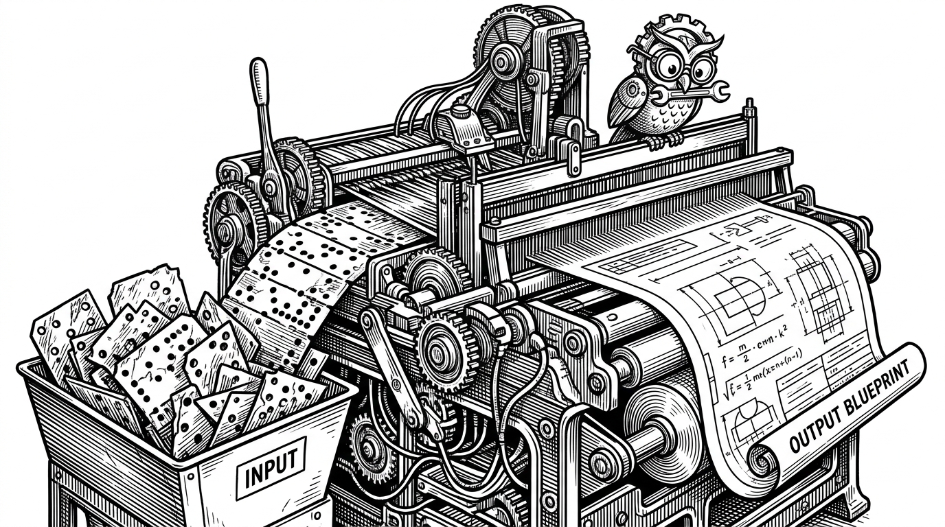A close-up of a complex mechanical loom pulling raw, jagged metal punch cards from a hopper and weaving them into a perfectly ordered, pristine paper blueprint.