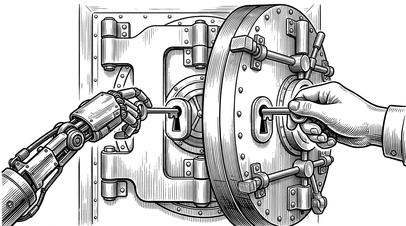 A heavy steel vault door with two widely separated keyholes, one operated by a robot and one by a human, representing the split-key architecture.