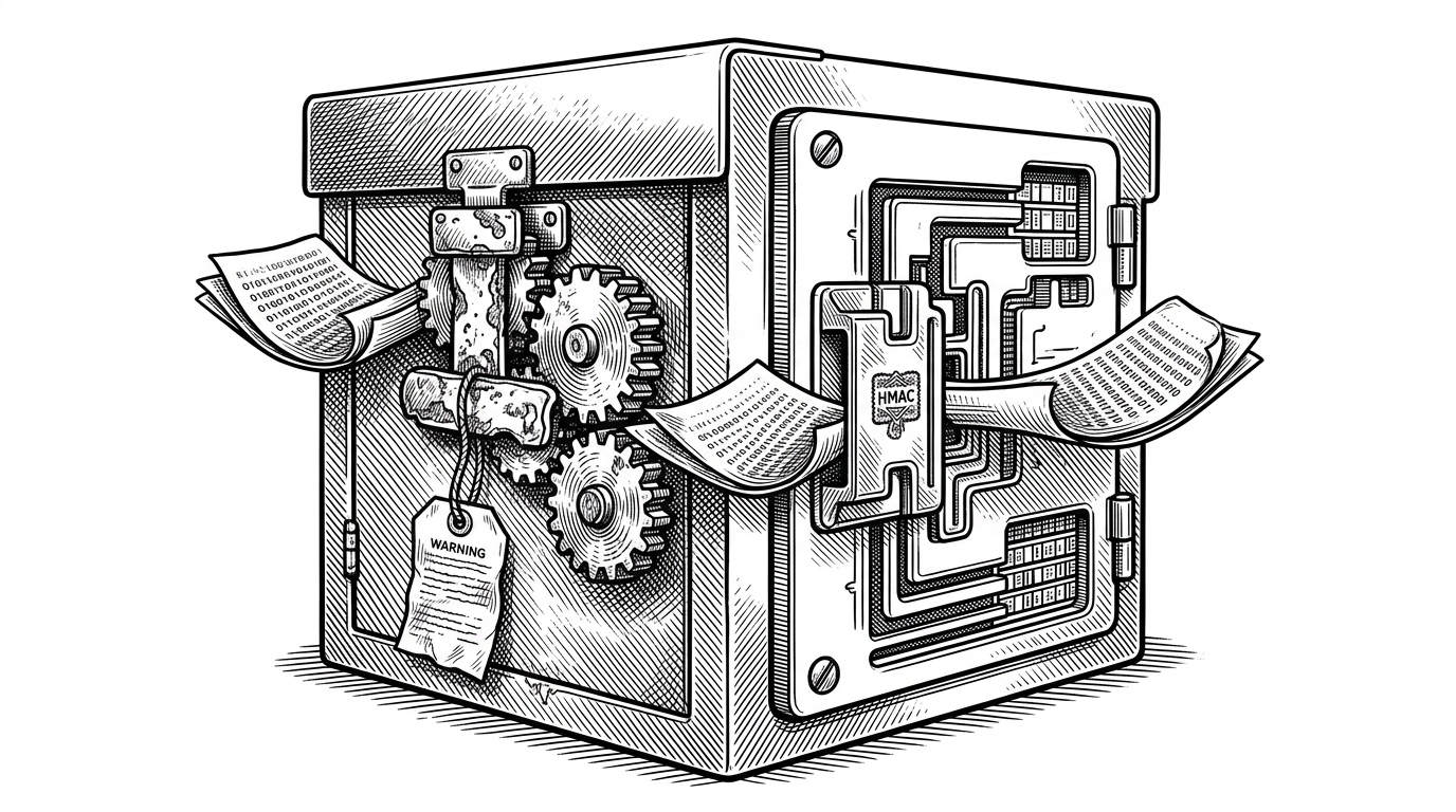 A sealed archive box split into two eras, with a worn legacy lock on one side and a precision modern lock on the other. The image explains the library’s core tension: it must preserve interoperability with old encrypted files while enforcing stricter validation in new code.