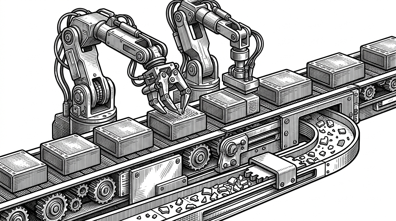 A close-up machine moving 16-byte blocks along a conveyor while one arm encrypts each block and another calculates an integrity seal. A side channel carries leftover bytes into a compact buffer instead of reallocating memory. The image explains how the library streams data efficiently while preserving a verification step at the end.