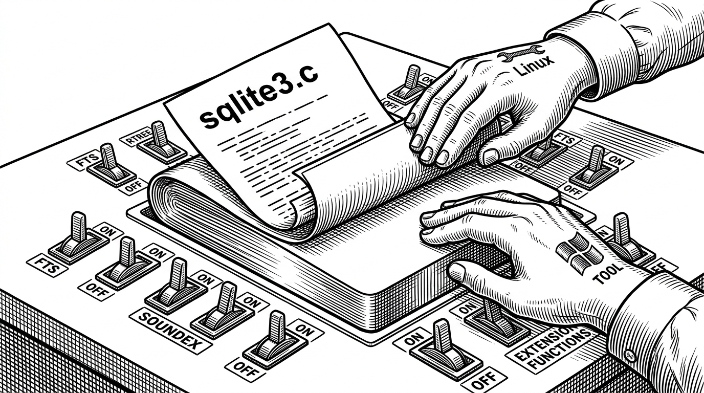A close-up of the SQLite interop assembly table. One source sheet is folded into a monolithic binary slab while feature toggles are flipped on around it. The image explains how compile-time choices become part of the shipped database engine.