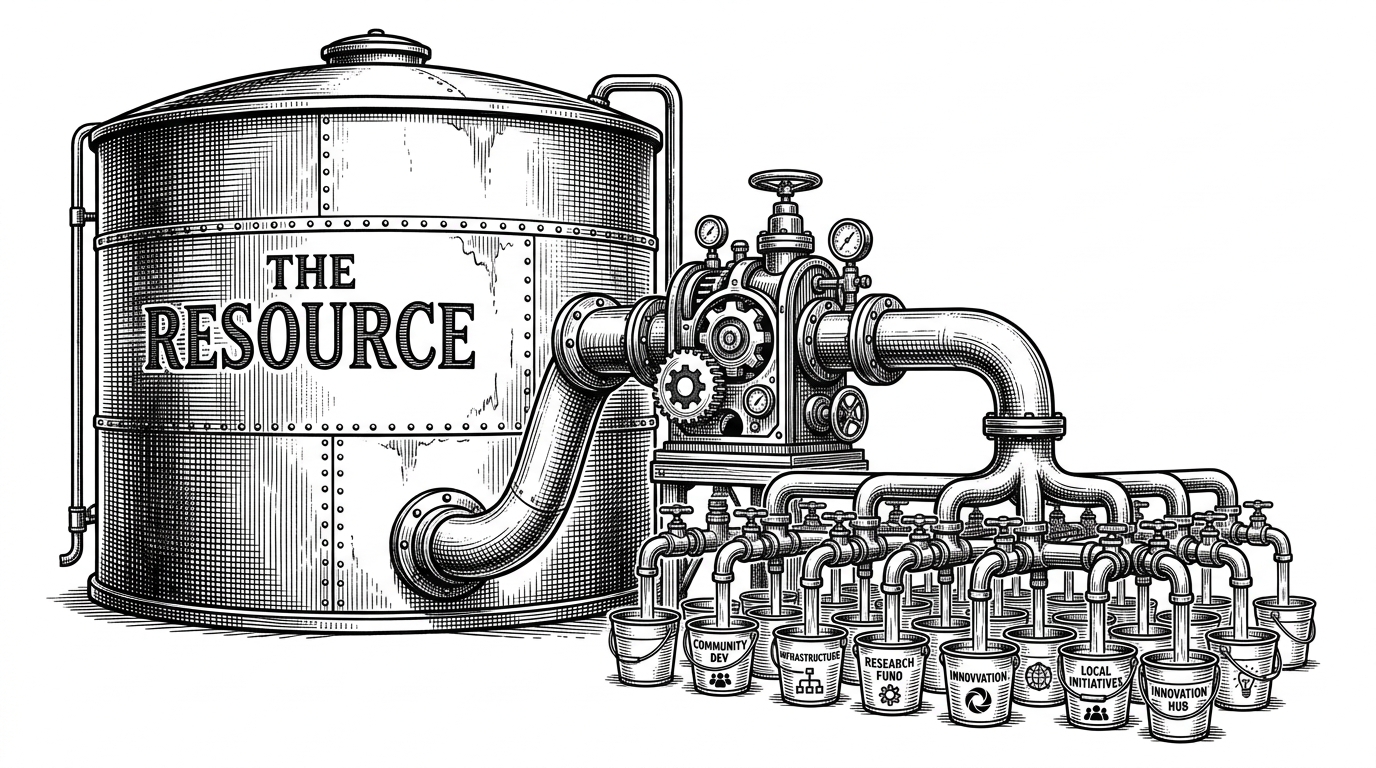 A massive reservoir tank representing cloud storage connected to a small precision pumping module that splits a single intake into hundreds of regulated outbound spigots.