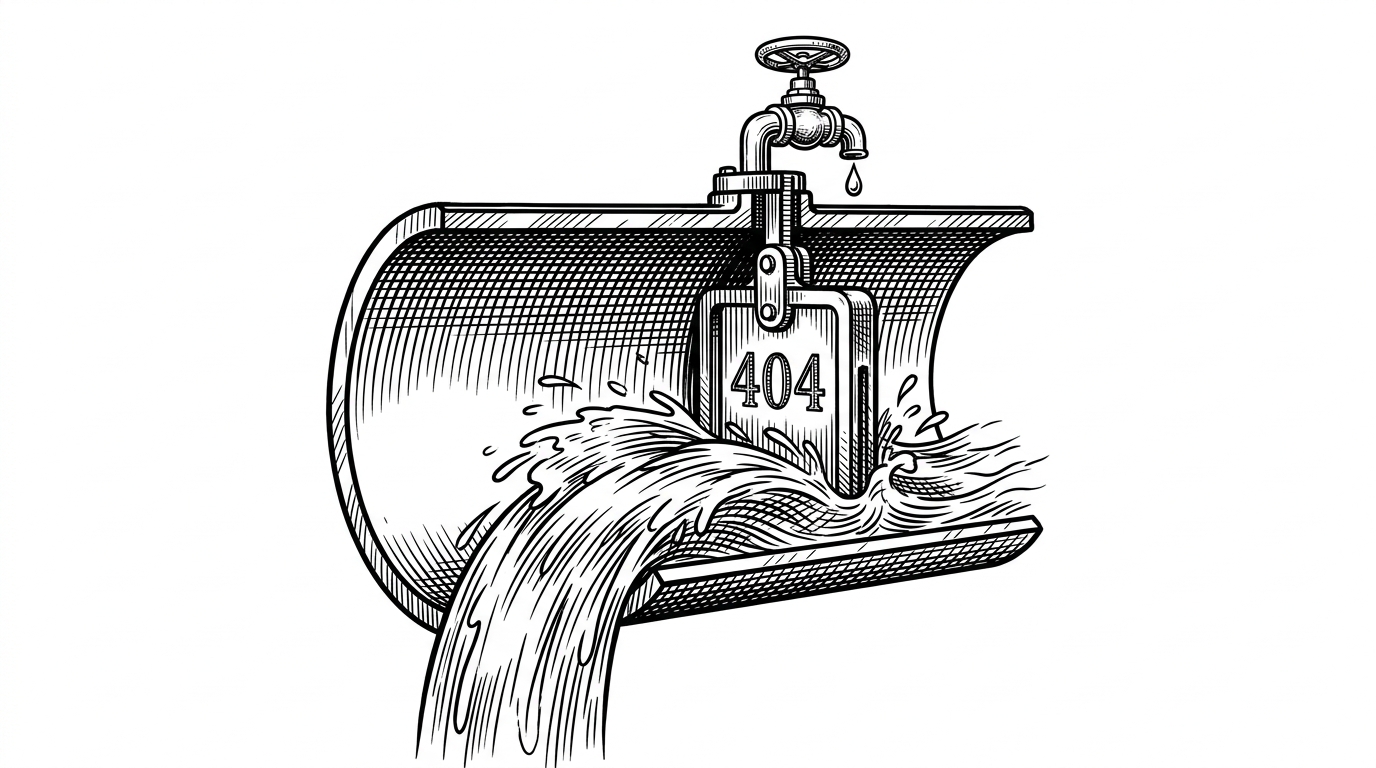 A cross-section of a thick pipe with a heavy mechanical gate slammed shut, bouncing water back. The gate has '404' engraved on it. A tiny bypass valve allows a single drop to occasionally check if the path is clear.
