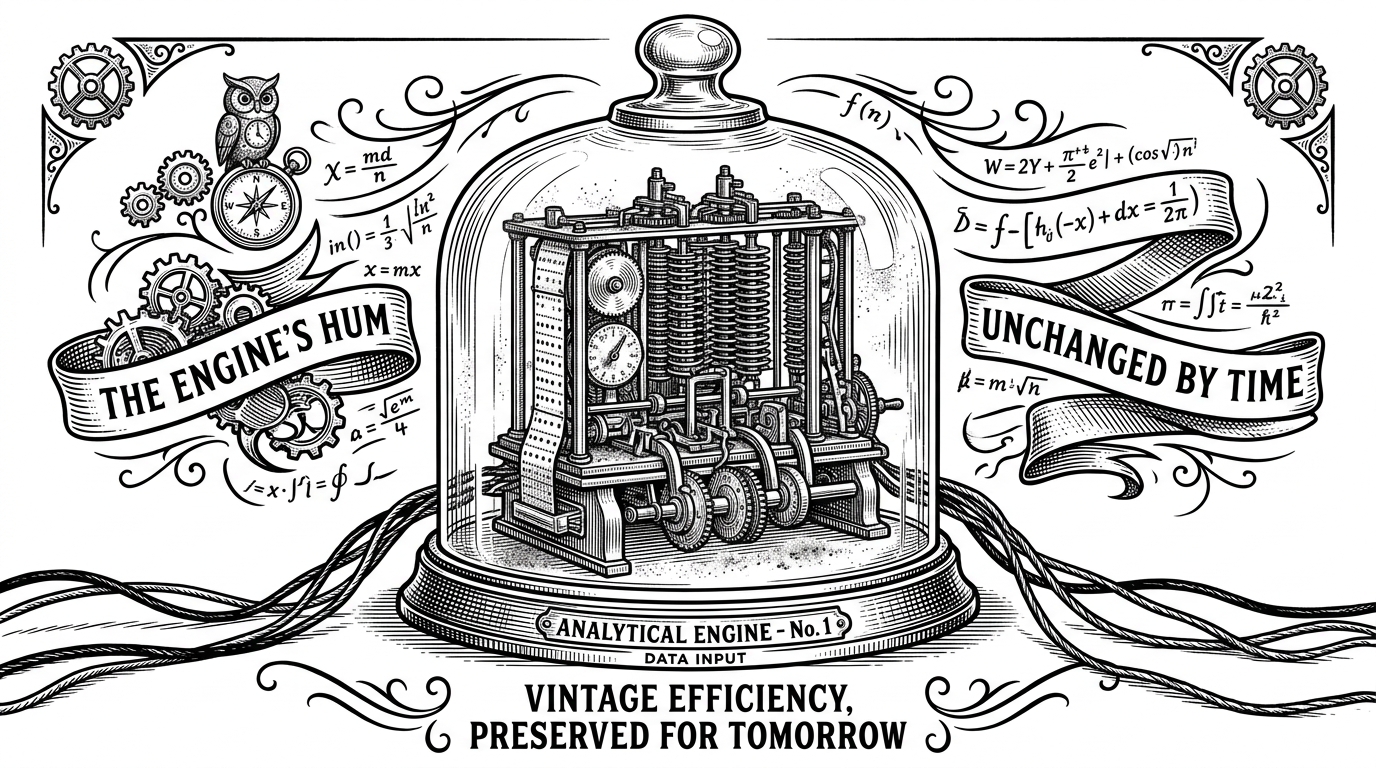 A dusty but perfectly functioning vintage mechanical analytical engine preserved inside a pristine glass bell jar, processing incoming data wires.
