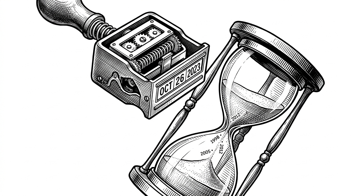 A close-up of a mechanical date-stamper hovering over an hourglass where sand flows upwards.
