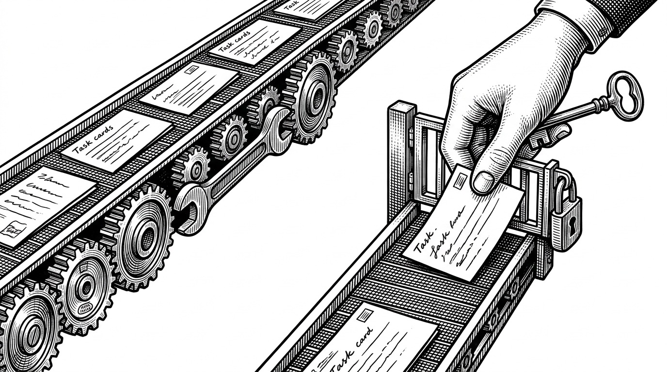 A close-up split scene shows two narrow rails carrying task cards through different lanes. One lane moves smoothly through gears and tools, while the other stops at a locked gate where a human hand takes over. The image explains how the skill separates work Claude can finish from work that requires a person.