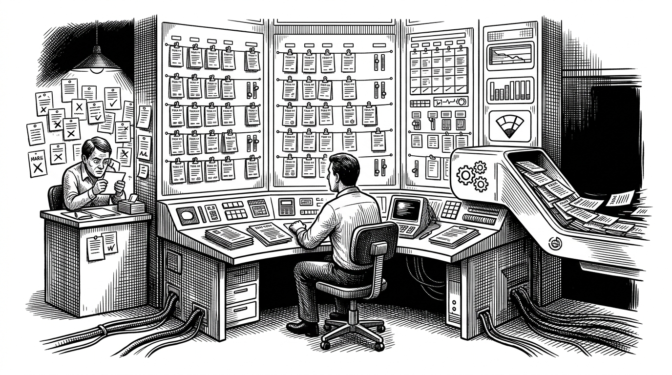 A control-room desk faces a wall of status panels, with a markdown dashboard centered like a mission board and task cards spread across the surface. Some cards look ready for machine execution, while others sit behind a human checkpoint. The scene explains that this skill acts like a project manager for the repo, not just a passive status checker.