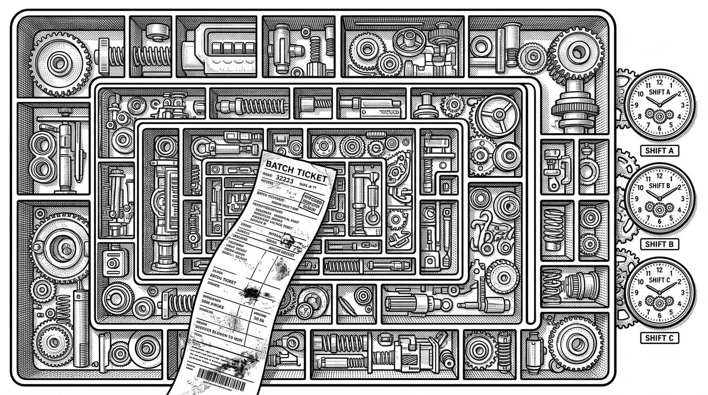 A wide industrial scene where a factory floor is drawn like a nested mechanical map. Large outer frames hold smaller modules inside them, and a batch ticket moves across the composition beside three shift clocks. It explains that the repository models manufacturing structure as a living data system rather than a generic inventory list.