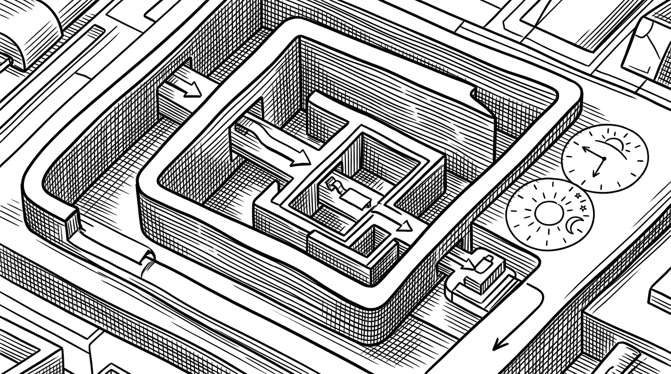A close editorial engraving of nested boxes inside a larger frame, with arrows showing a product moving from tier to cell to fractile. Off to one side, three small clock faces indicate morning, afternoon, and night shifts. It explains how the project translates manufacturing structure into relational tables and batch timing.