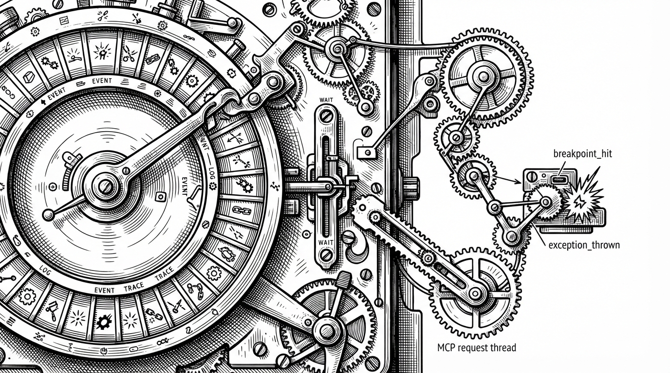 A close-up mechanical scene showing a bounded ring buffer feeding a latch labeled WaitForEvent. Small debugger events move through slots, one event is released to the agent thread, and the request resumes with specific state. The image explains why the plugin can mix asynchronous debugger events with a synchronous tool-call model.