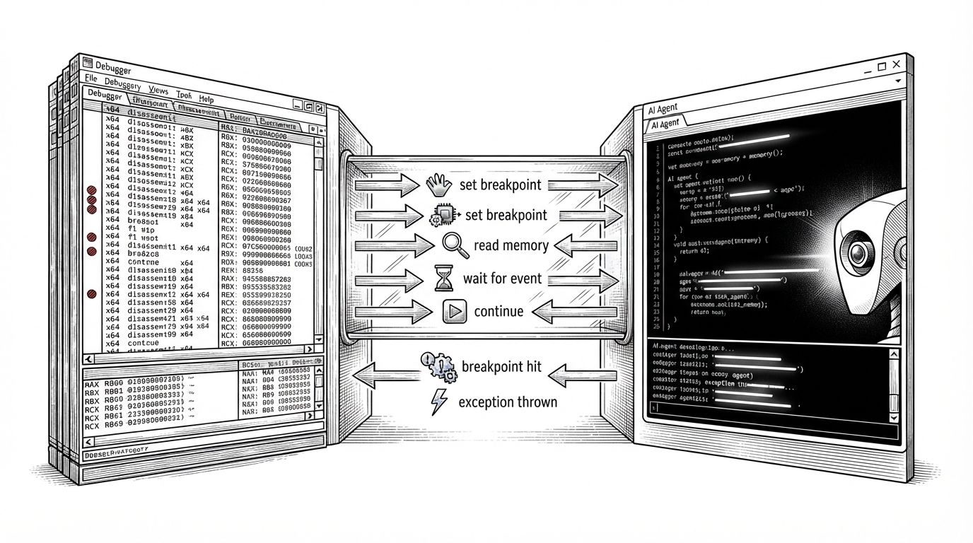 A wide editorial scene showing a classic debugger workspace on one side and an AI agent console on the other, connected by a narrow protocol conduit. The visual explains that this project is not a chat overlay, but a two-way control plane for breakpoints, memory reads, and debugger events.
