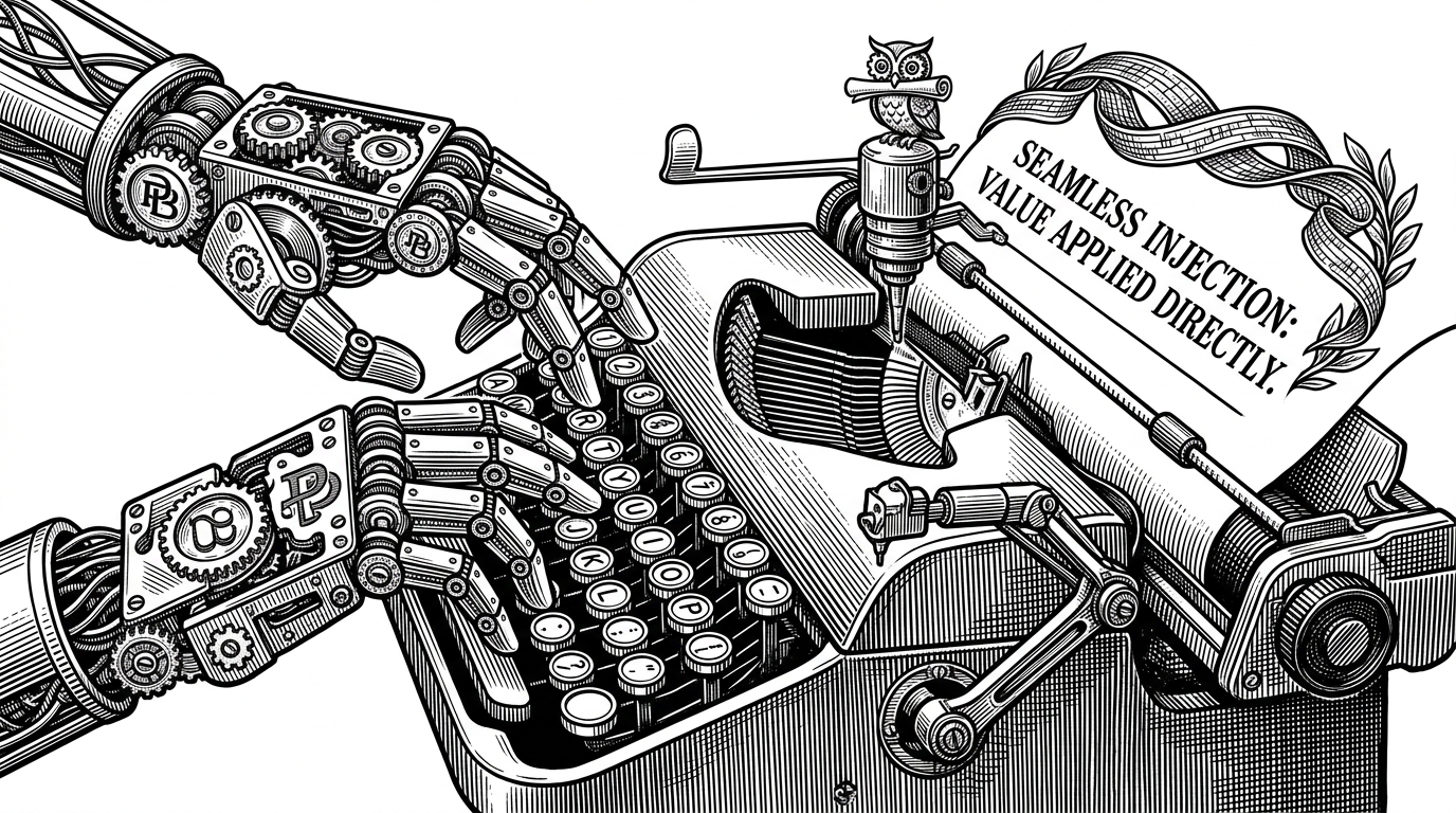 An illustration of a mechanical hand typing on a vintage typewriter, while a smaller, separate mechanism seamlessly injects a perfectly formed line of text directly onto the page, bypassing the keys entirely.