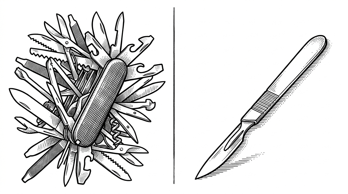 An illustration split into two halves. The left side depicts a massive, overly complex multi-tool with dozens of blades protruding awkwardly. The right side depicts a single, perfectly balanced, razor-sharp surgical scalpel resting on a clean surface.