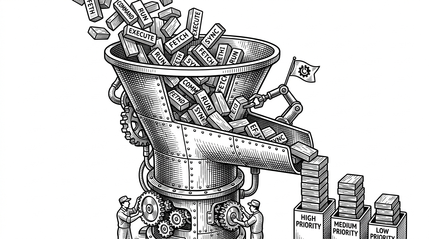 An illustration of a massive industrial funnel sorting hundreds of chaotic, tumbling wooden blocks representing raw commands into perfectly neat, prioritized vertical stacks.
