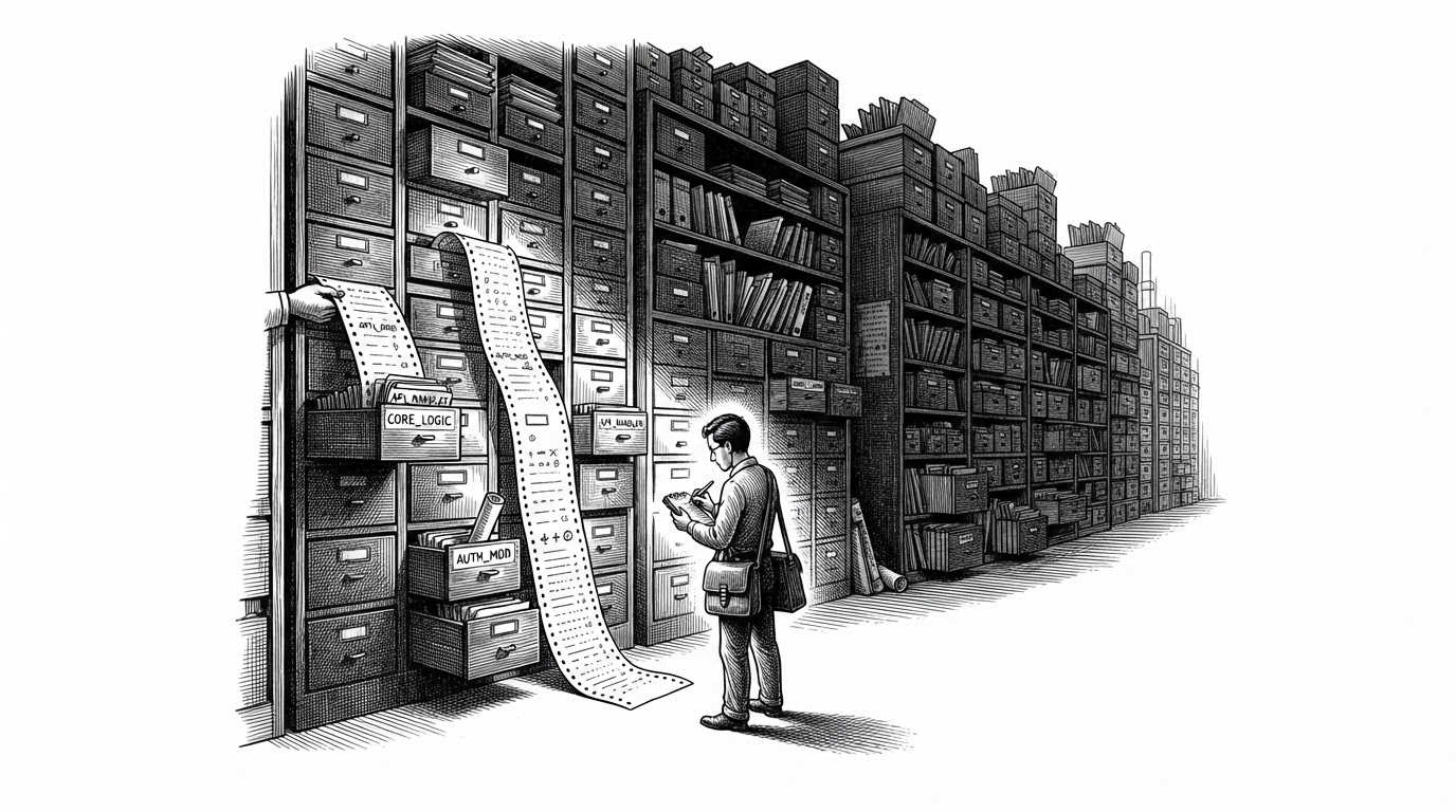 A wide editorial scene shows a coding agent at the edge of a sprawling repository map, with only a few illuminated drawers, folders, and declaration cards pulled into view. The concept is that the tool does not return everything it finds, but instead compresses a codebase into a small set of decision-ready leads.