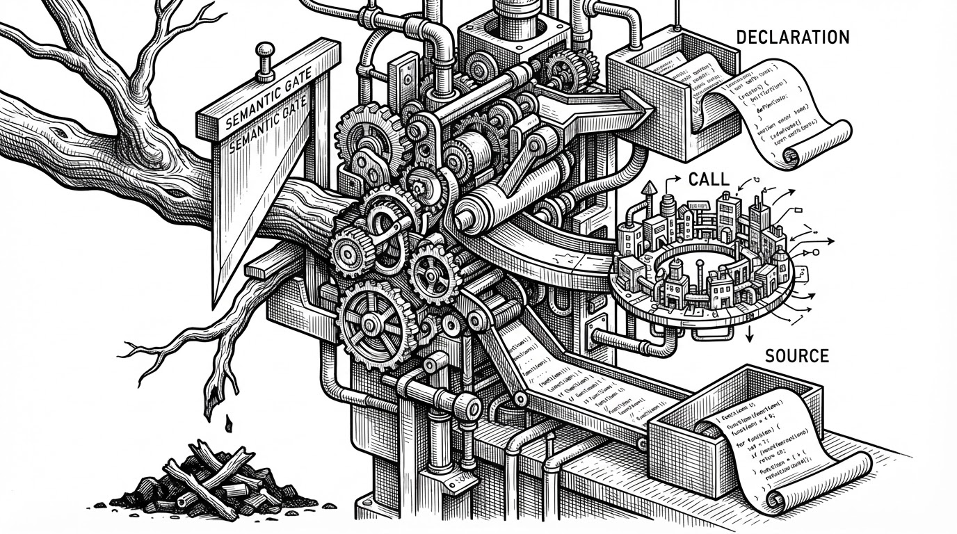 A close-up editorial illustration shows a repository branch splitting through a semantic gate into a declaration box, a call neighborhood, and a source excerpt. The image explains how structure becomes actionable retrieval units instead of a flat list of files.