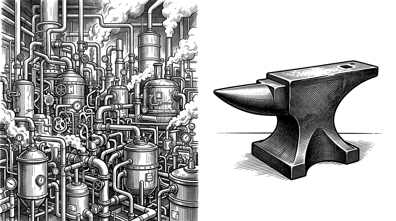 A split composition. Left: a chaotic factory floor with tangled pipes. Right: a single, massive, immaculate iron anvil on a clean floor.