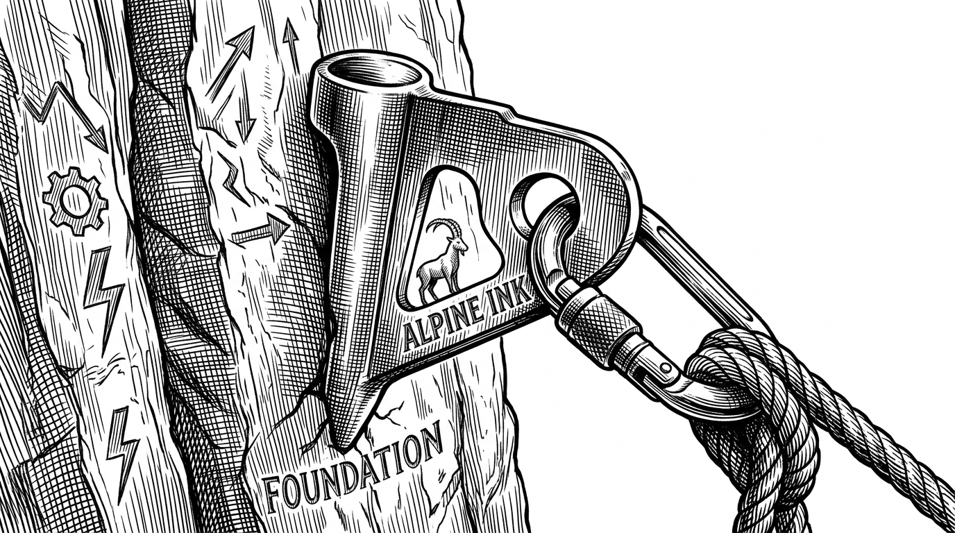 An extreme close-up of a heavy steel mountaineering piton hammered firmly into a textured vertical rock face. A thick, braided climbing rope is clipped securely through a carabiner attached to the piton.