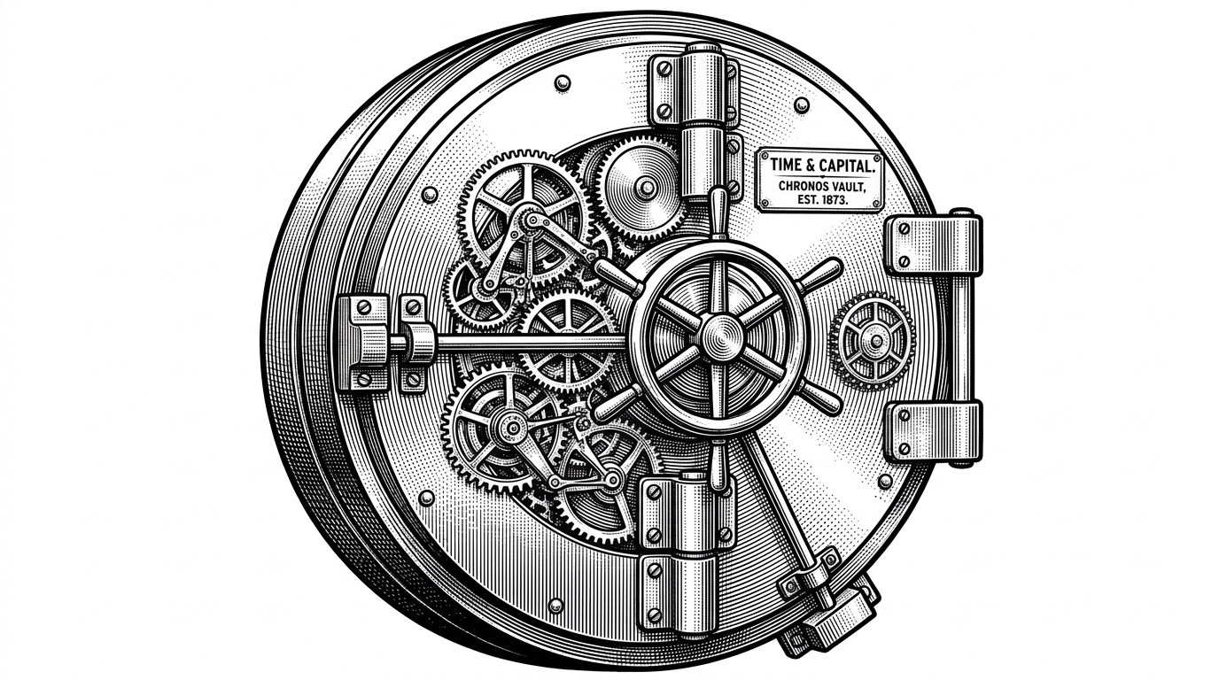 A massive bank vault door with intricate clockwork gears mounted directly onto its steel surface. It represents bolting complex execution logic directly onto the secure, durable PostgreSQL database.