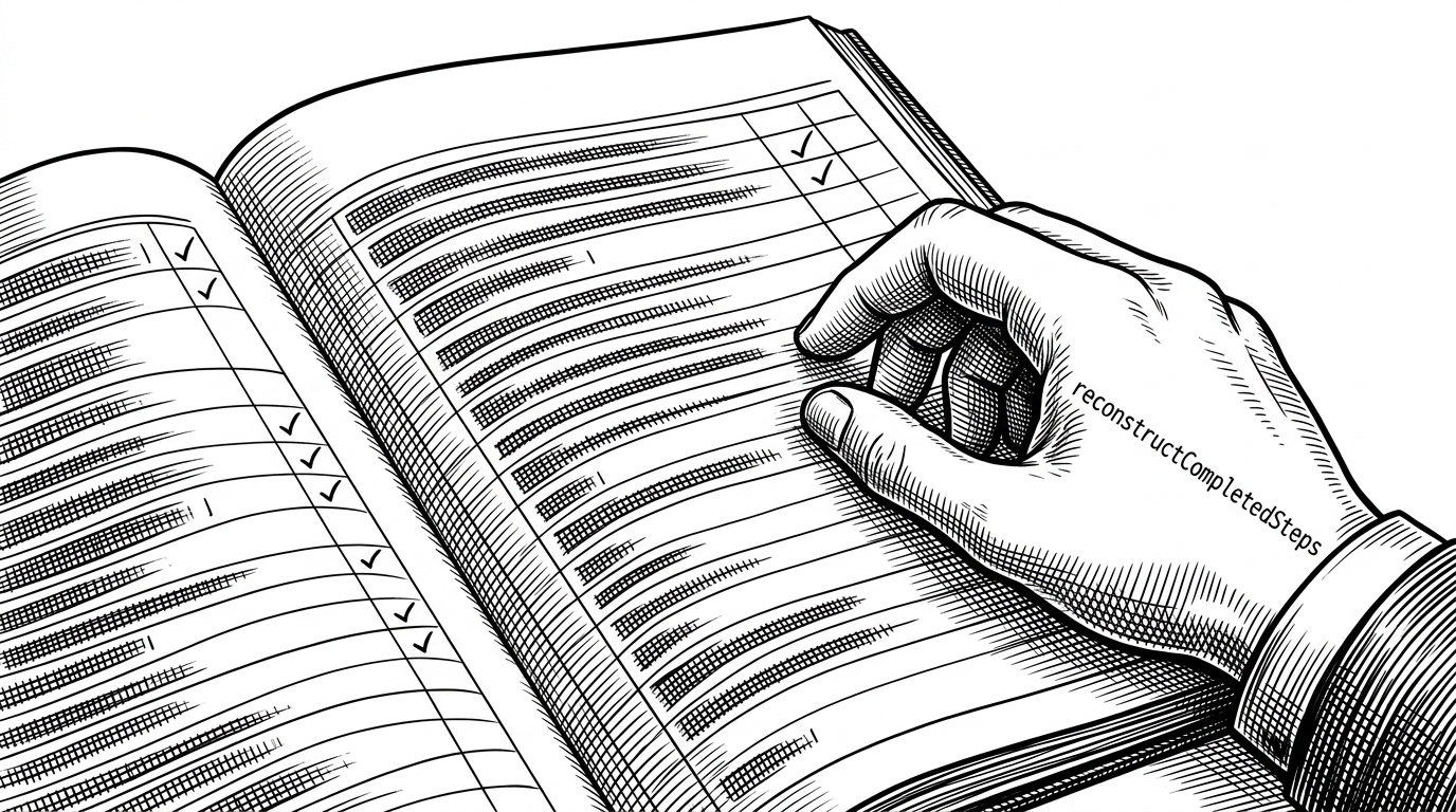 A ledger page filled with conversation entries and stamped milestones. Some rows are marked complete while a hand labeled reconstructCompletedSteps traces backward through the log. The image explains that completion is inferred from history instead of written to a separate database.