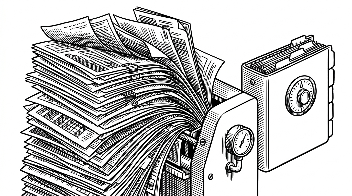 A close-up of a paper trail being folded, clipped, and summarized by a mechanical sorter. The left side is a dense stack of session notes and tool outputs, while the right side is a smaller binder with preserved memory pages and a token counter dial. It explains how Pi keeps a long-running agent coherent under context pressure.
