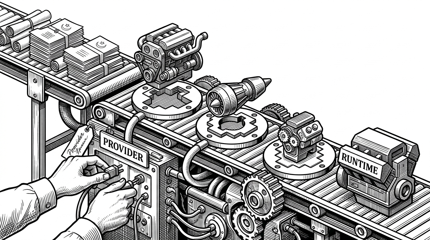 A workshop bench where one machine keeps running while different provider connectors are swapped into its front end. The same agent-state bundle feeds the machine from the left, and a stable runtime emerges on the right despite changing model heads. It explains Pi as an execution environment, not a chatbot wrapper.