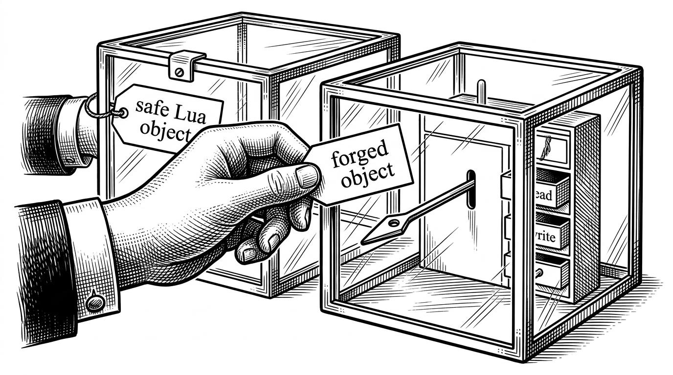 A close-up shows two transparent glass boxes on a lab table. One is a safe Lua object. The other is a forged object, with a pointer-like metal rod slipping through a slot to open drawers marked read and write. The image explains how identity swapping creates memory primitives without showing exploit code.