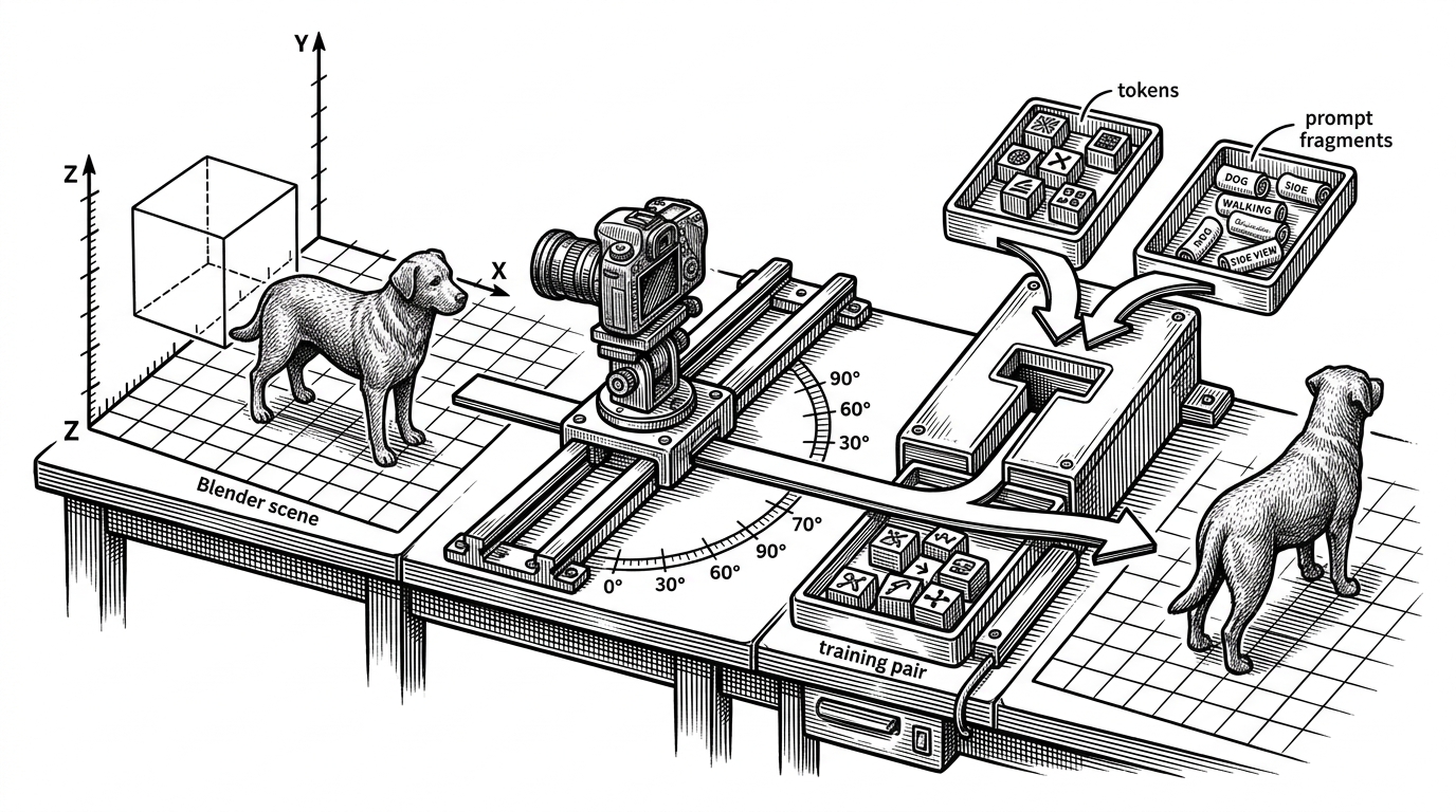 A split lab bench shows a Blender scene, a synthetic camera rig, and a diffusion model input arranged as a physical workflow. Arrows carry known 3D coordinates into a training pair and then into a model that preserves identity while changing viewpoint, illustrating how synthetic supervision becomes usable edit control.
