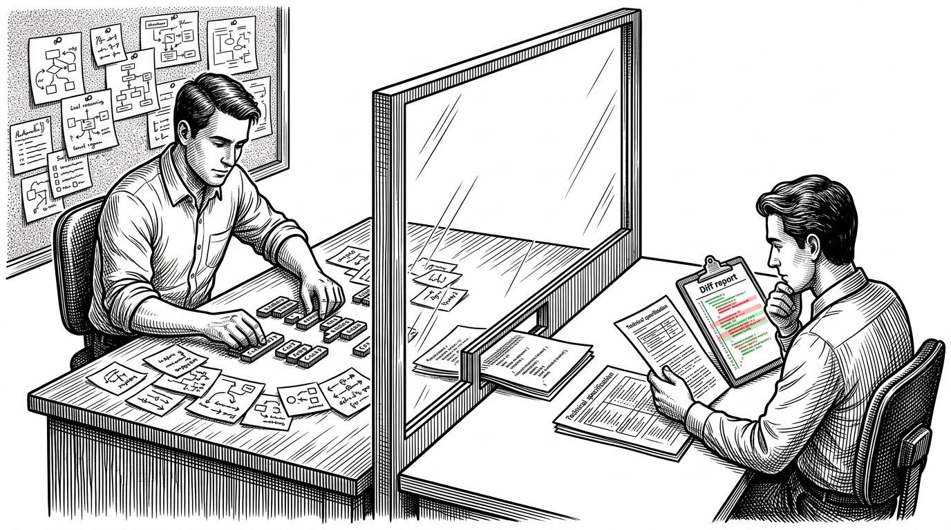 Two workstations sit on opposite sides of a glass wall. The left side shows a builder arranging code blocks, while the right side shows a reviewer inspecting only the specification and diff. The scene explains blind review as a hard separation between generation and evaluation.