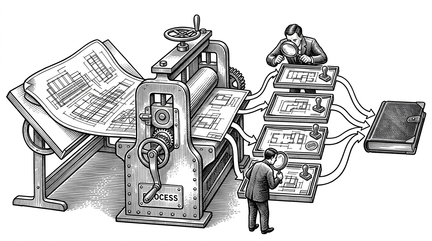 A blueprint feeds into a forged machine while multiple finished branches emerge through separate gates. The scene explains that eforge treats software delivery as a staged build pipeline, not a chat session.
