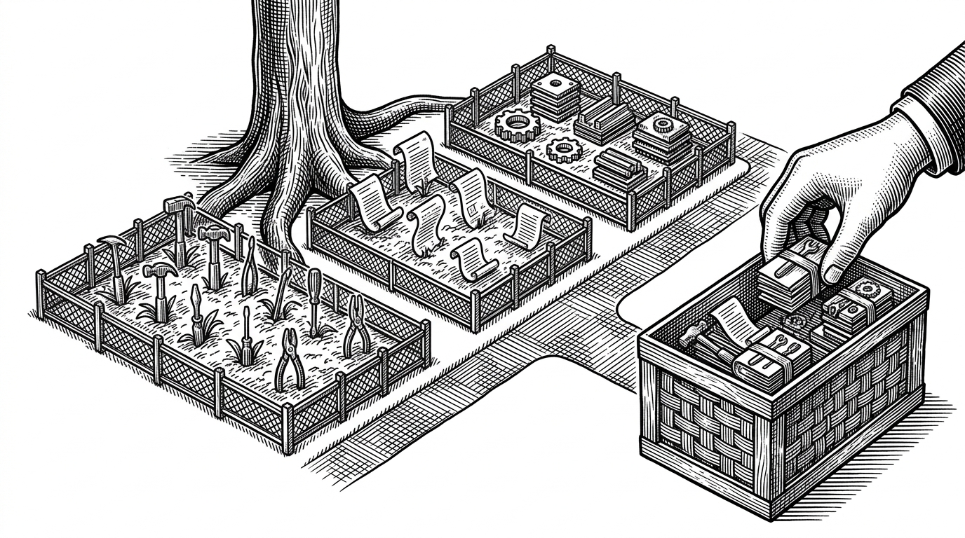 A central trunk splits into several fenced garden plots, each growing a different module, then converges back into one path. The scene explains how isolated worktrees let multiple branches of AI work proceed in parallel and merge in order.