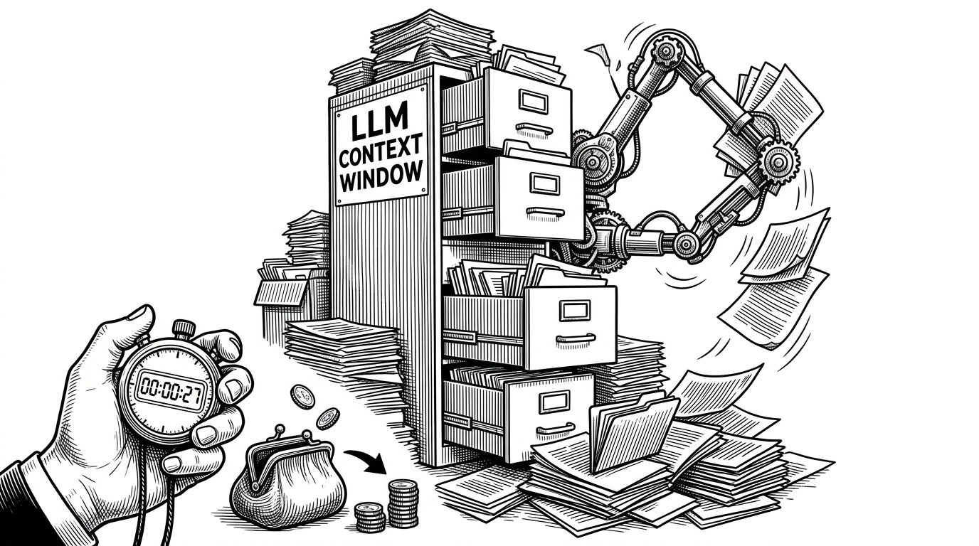 A mechanical arm catching papers falling from a massive filing cabinet while a human hand holds a stopwatch and a coin purse, illustrating the finite nature of LLM context windows.