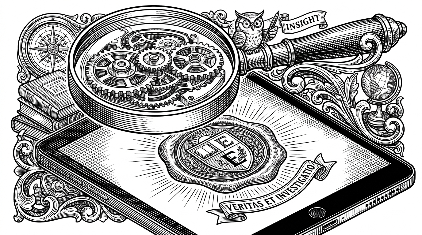 A giant magnifying glass hovering over a wax seal, revealing complex gears inside
