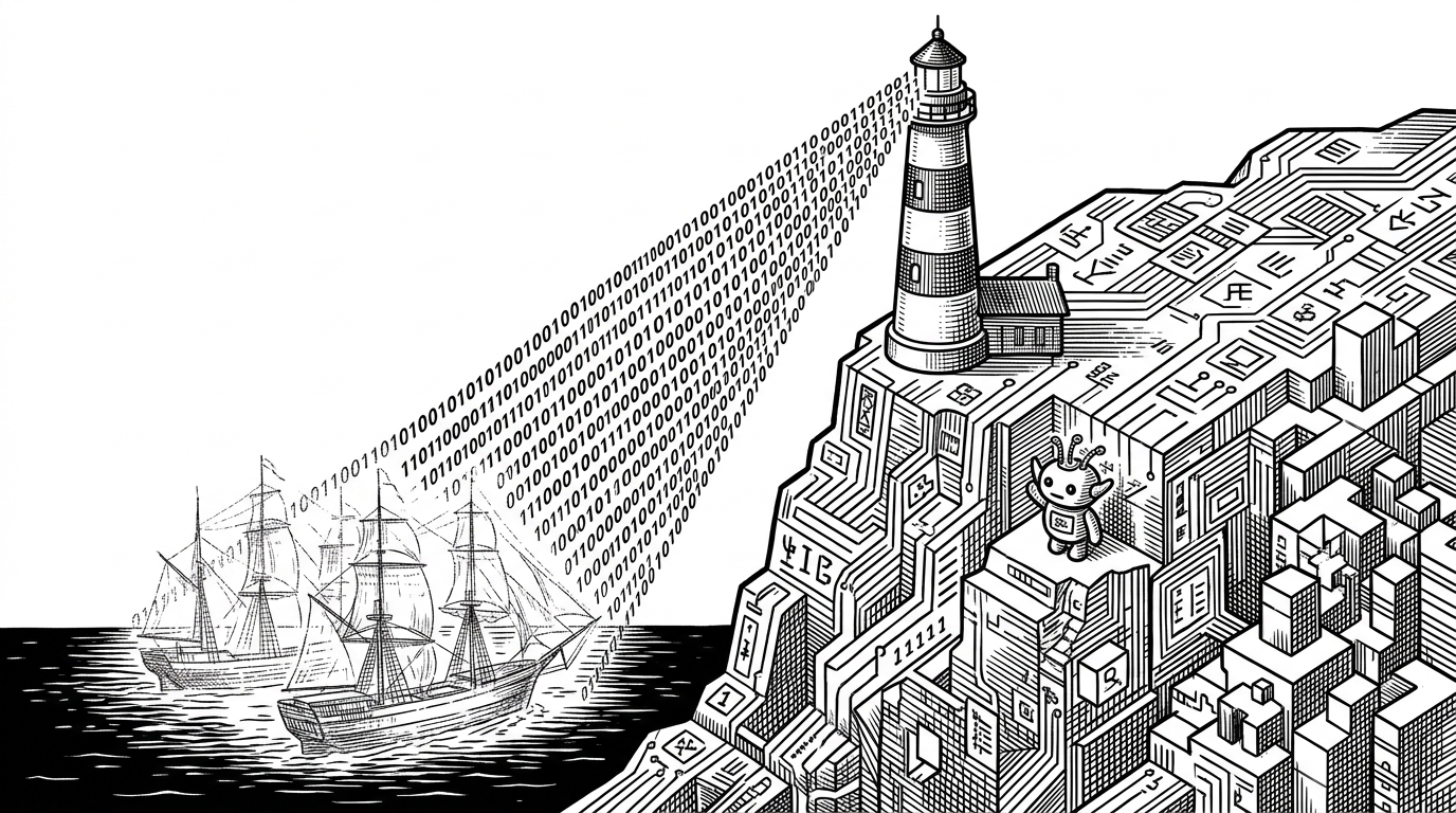 A lighthouse emitting a stream of binary code to illuminate ghostly ships in the dark water