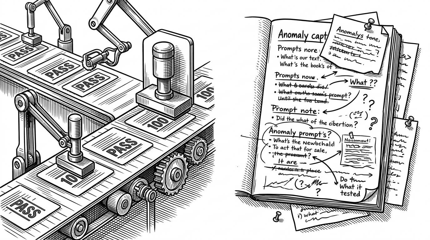 A split composition shows two approaches to model evaluation. On the left is a neat machine stamping scores onto cards in a tidy line, while on the right is a cluttered notebook filled with loops, pinned pages, and crossed-out prompts. The contrast explains the tradeoff between scalable benchmarking and high-fidelity anomaly capture.