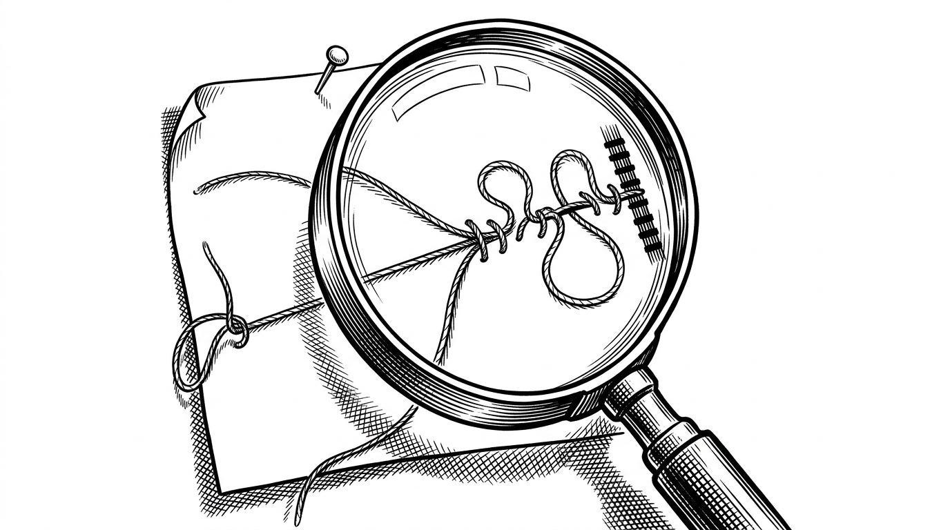 A close-up of a pinned log page under a magnifying glass. The page is threaded with a looped line that splits into two response paths, one plain and one ornate, and both stop at the same barred edge. The scene explains how the repository documents response bifurcation without showing an actual breach.