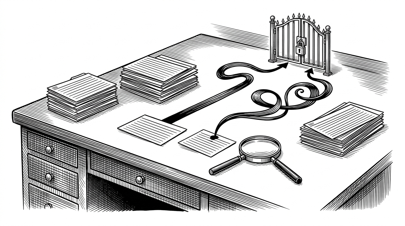 A wide research desk covered with index cards, a magnifying glass, and a small locked gate. Two ink trails rise from a single prompt card, one straight and formal, the other ornate and theatrical, but both curl back toward the same closed barrier. The image explains the repo's central paradox: the performance of a jailbreak without the payoff.