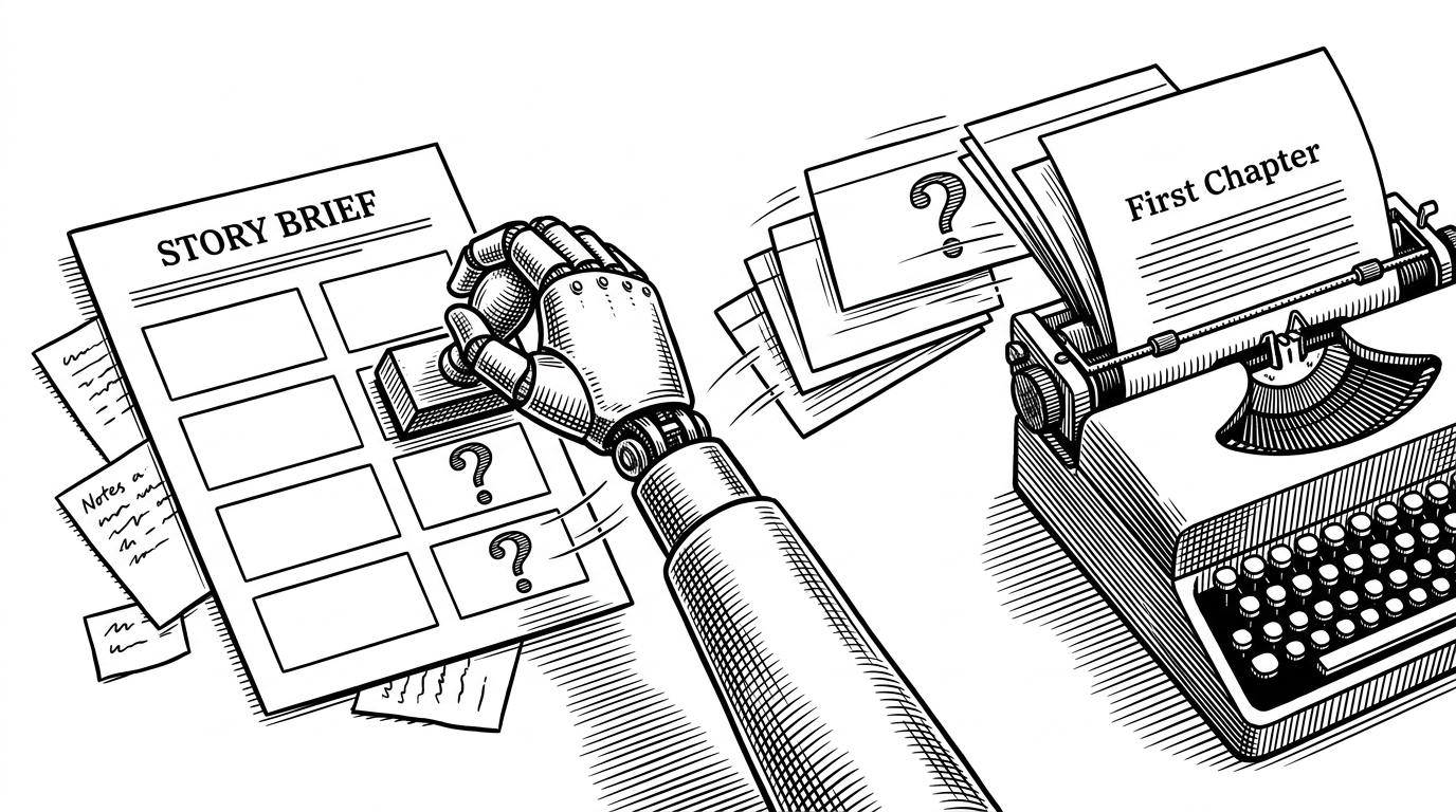 A writer's desk where an empty story brief on the left turns into a stack of outline cards and a half-written chapter on the right. The image explains the project's central idea: missing inputs are not treated as failure, but as material the system can fill in and route forward.