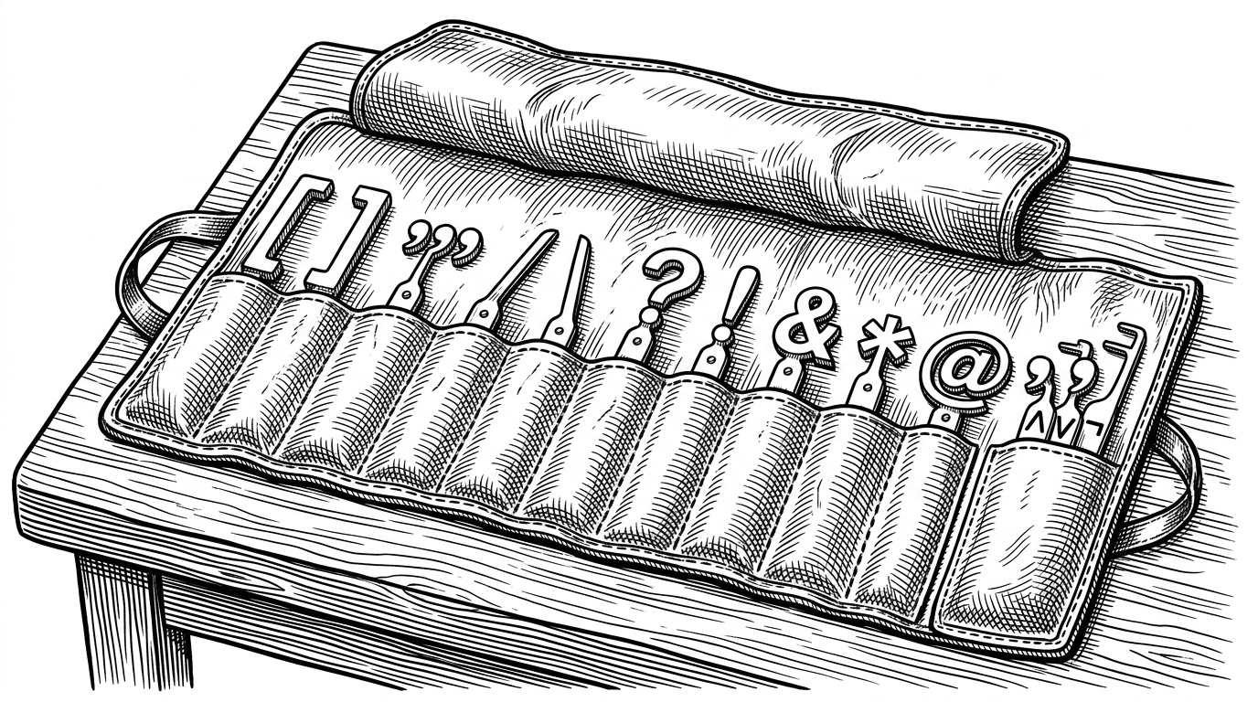A leather tool roll displays a lockpick set where the tools are precision-machined punctuation marks like brackets and slashes. This illustrates how prompt injection uses syntax to bypass security rules.