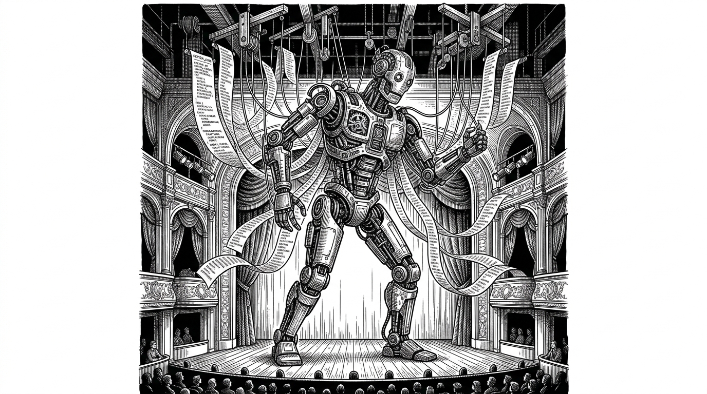 A massive robotic puppet on a stage is manipulated not by strings, but by cascading scrolls of text. This illustrates how system prompts act as the hidden controllers of AI behavior.