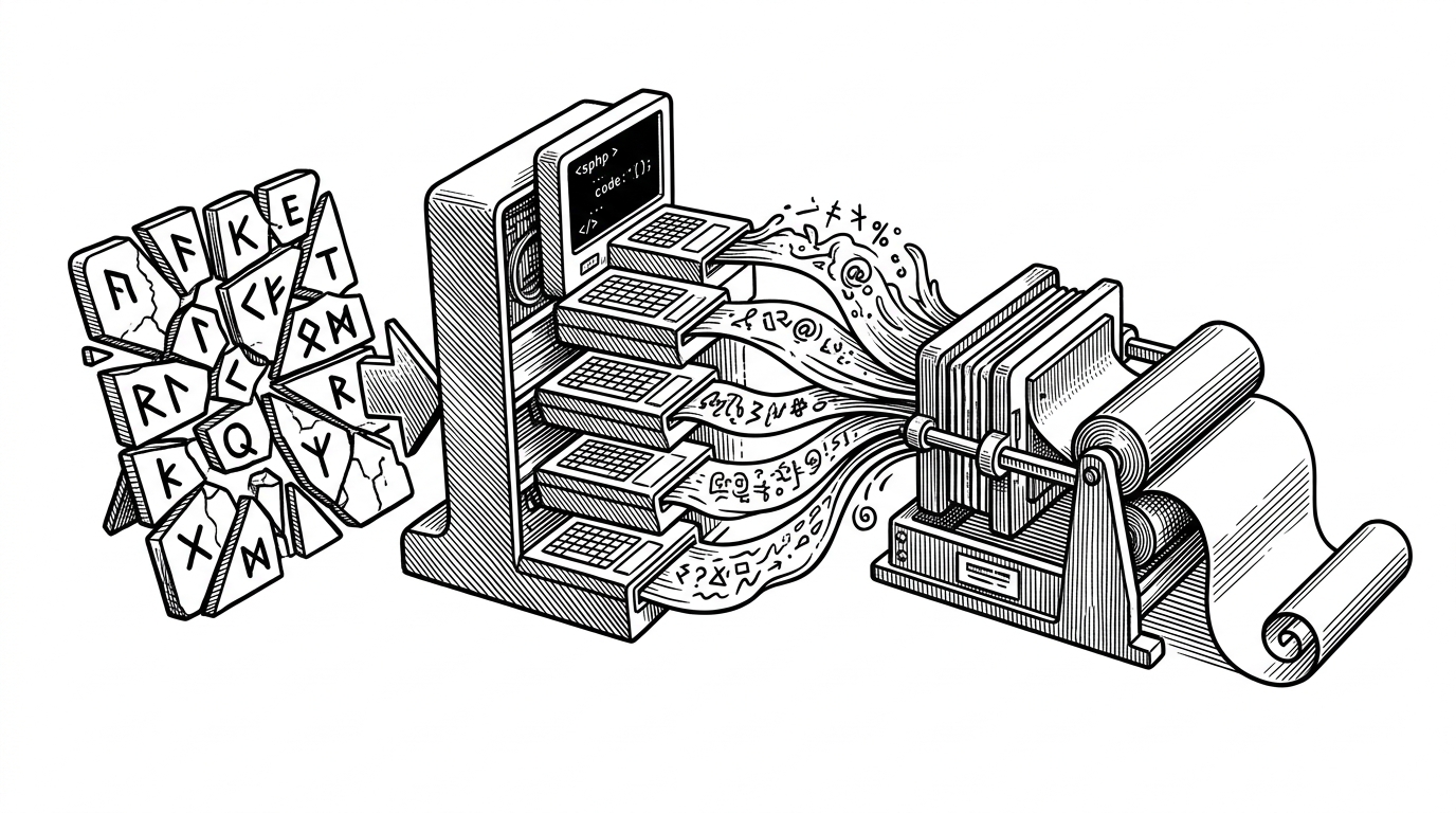 A desk-sized experimental rig on a white background, with one input split into distorted fragments on the left, several model terminals racing in parallel across the center, and a cleaned output emerging through a filter mechanism on the right. It explains that the project is about orchestrating model behavior end to end, not just chatting with one model.