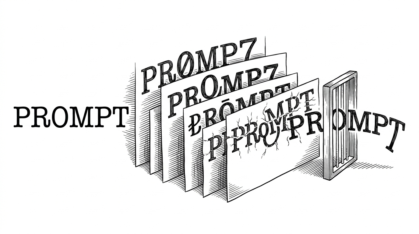 A close-up of a prompt being transformed through layered writing systems, from plain text into leetspeak, Unicode substitutions, and invisible seams. A small filter gate sits beside it, showing how the same word becomes harder to catch while remaining legible enough for a model to process.