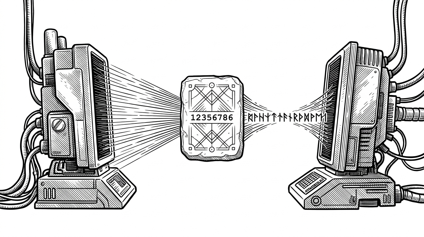 Two terminal-like machines stand on opposite sides of a blank page while a central engraved stone token sends the same seed to both. Between them, stitched syllables form a narrow bridge, showing how a shared language can be reconstructed without exchanging a dictionary.